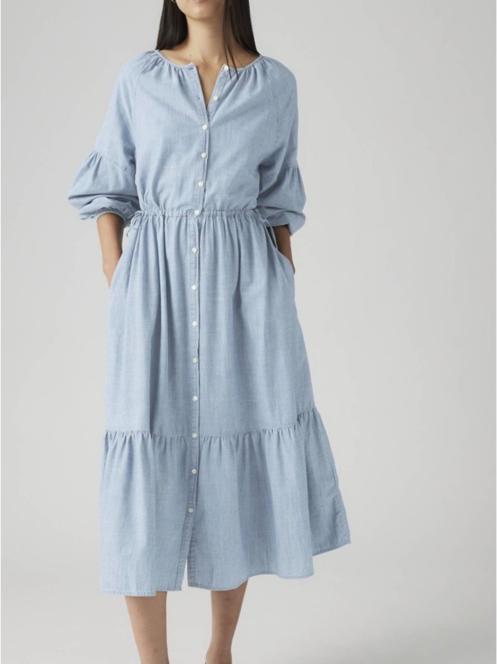 Levi's Pale Blue Button-Front Tiered Jolene Midi Dress